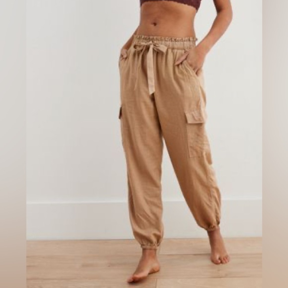 Aerie Womens Size XL Beige High Rise Cargo Jogger Pants Linen Blend Tie Waist